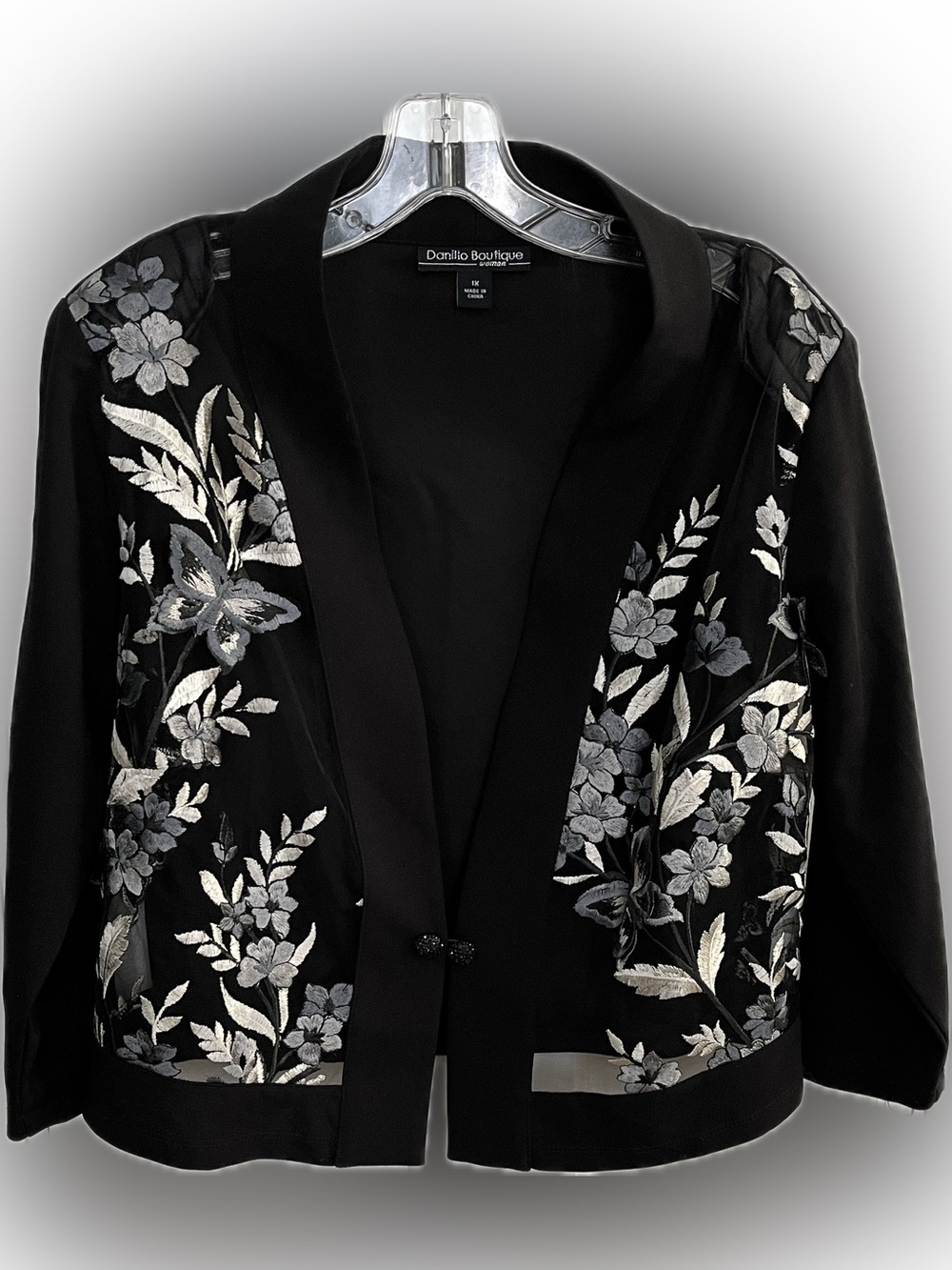 Danillo Boutique Woman 1X Black Silver Embroidered Floral Butterflies Jacket
